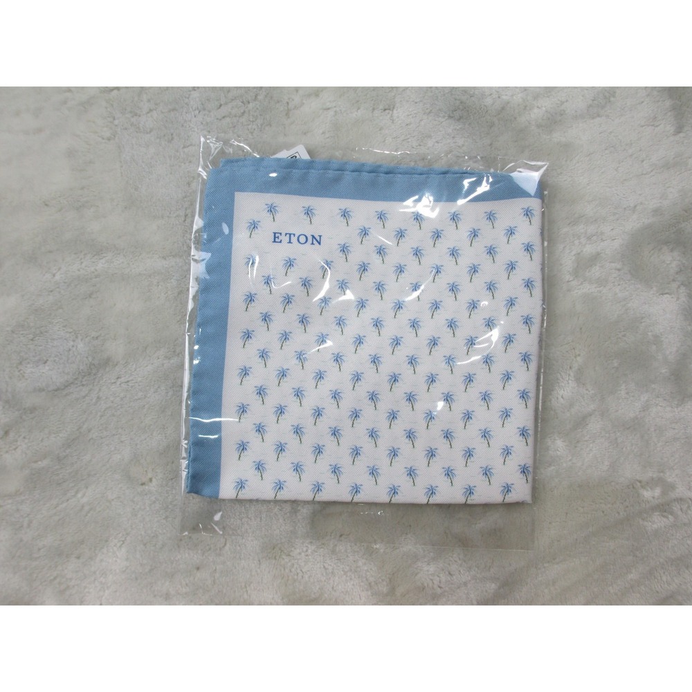 NEW Eton 100% Silk Pocket Square White Blue Tropical Palm Trees Italy 13''